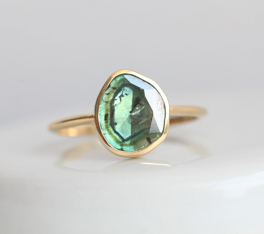 Solitaire green blue diamond slice ring