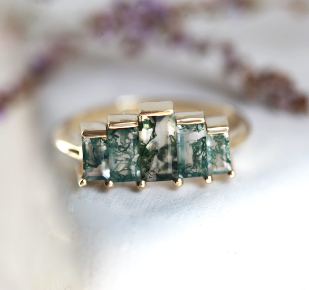 Agatha Art Deco Moss Agate Ring, Unique Baguette Engagement Ring