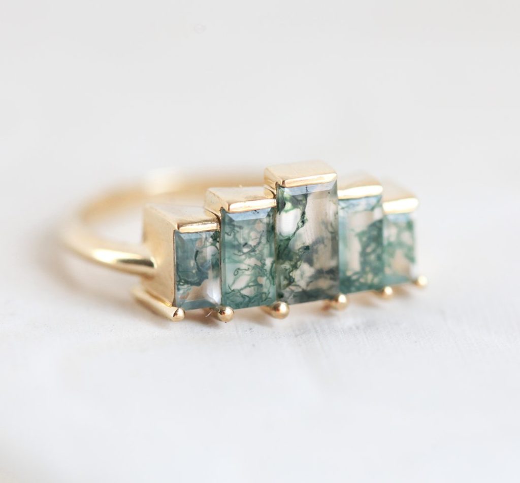 Agatha Art Deco Moss Agate Ring, Unique Baguette Engagement Ring