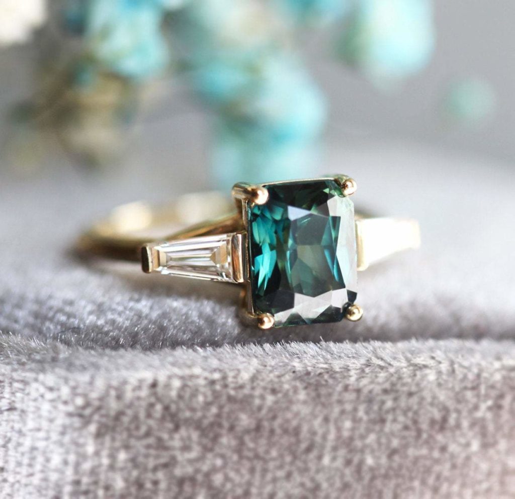 Teal Sapphire With Baguette Diamonds
