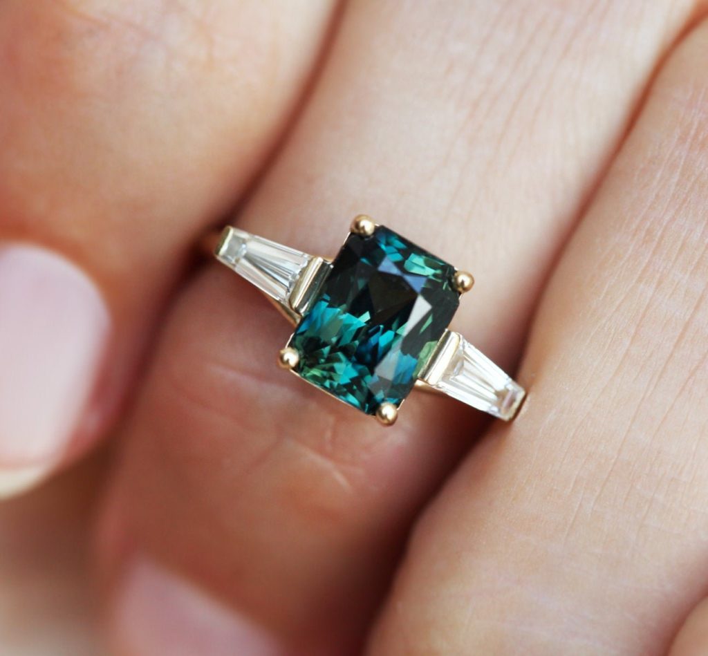 Teal Sapphire With Baguette Diamonds